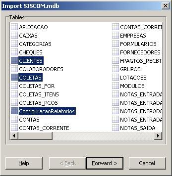 Seleccionar Tabelas Importar