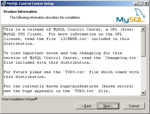 Informações sobre o MySQL Control Center