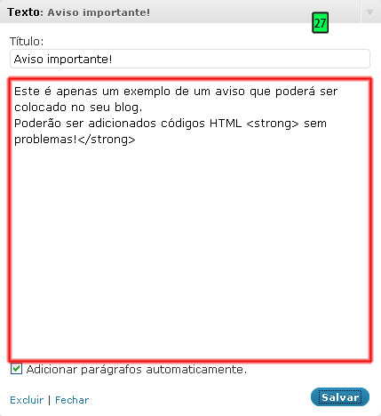 Widget Texto - Opções