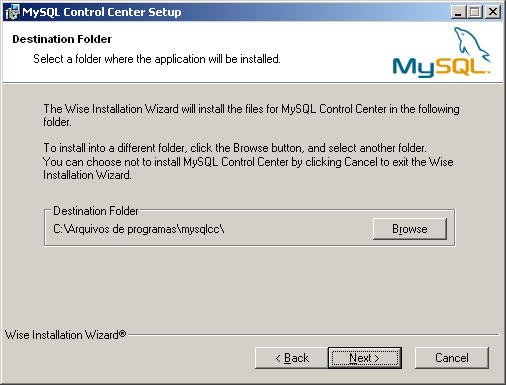 Local de instalação do MySQL Control Center
