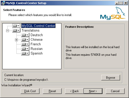 Selecionando novos Recursos ao MySQL Control Center