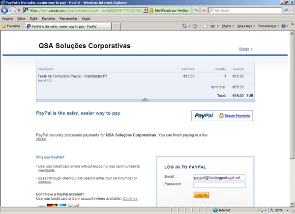 Página de cobrança do Paypal