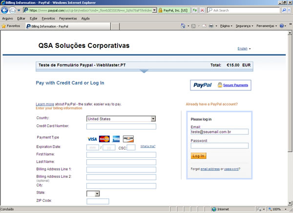 Página de cobrança do Paypal - Formulário de Cadastro