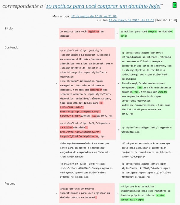 comparar duas revisões do post