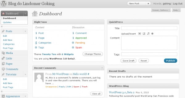 painel de administração no WordPress 3.0