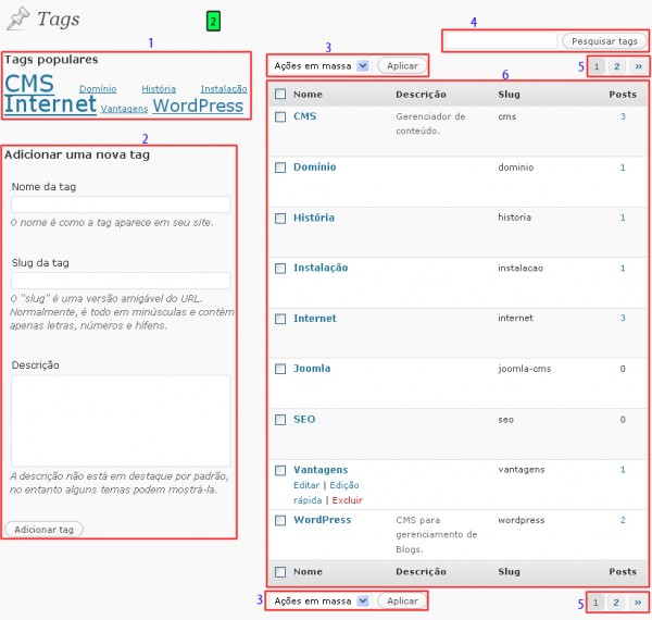 área de administração das tags
