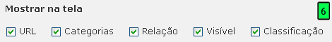opções de tela da área de administração dos links