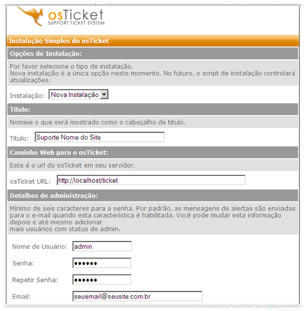 Inserindo as informações do sistema