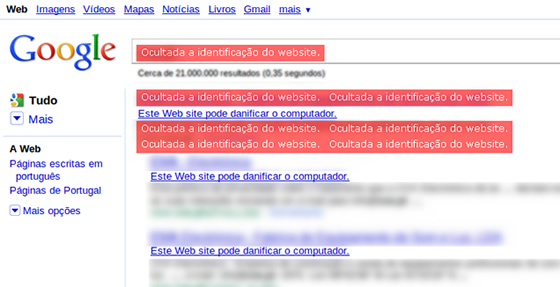 Indexação de um web site anunciado com malicioso pelo Google