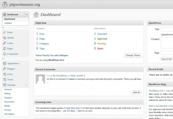 wordpress dashboard