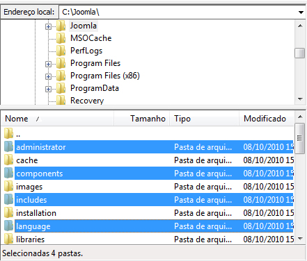 Foram selecionadas apenas 4 subpastas de C:\Joomla