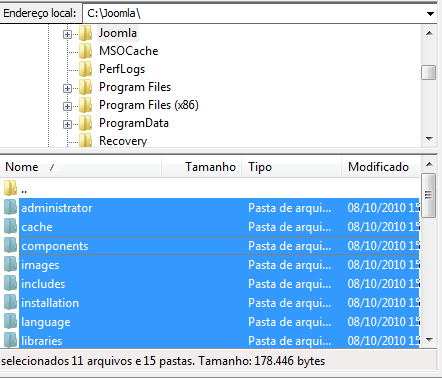Todas as subpastas e arquivos de C:\Joomla foram selecionadas.